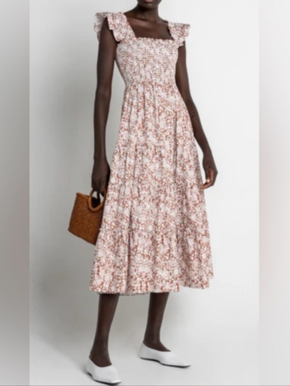 Smocked Floral Midi Dress in Blush Pink